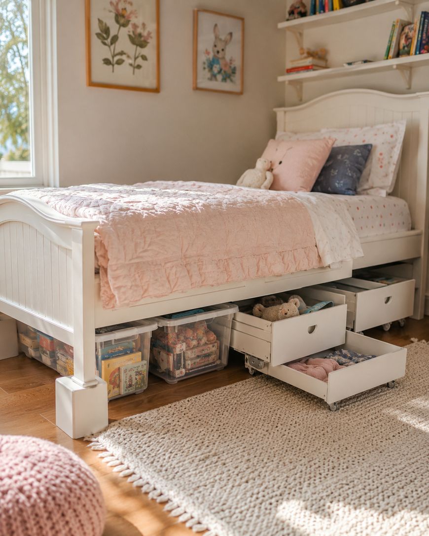 A cozy, sunlit bedroom with a white bed featuring pink bedding and pillows. Under the bed, storage drawers hold toys and books. Soft rug on the wooden floor, framed animal and floral art on the wall, and a window lets in daylight.