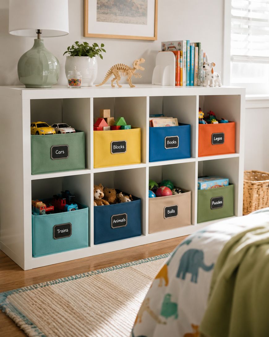 A white cubby shelf holds labeled bins and toys in a childs room. Bins are labeled Cars, Blocks, Books, Legos, Trains, Animals, Balls, and Puzzles. Books, a lamp, and decor sit on top of the shelf.