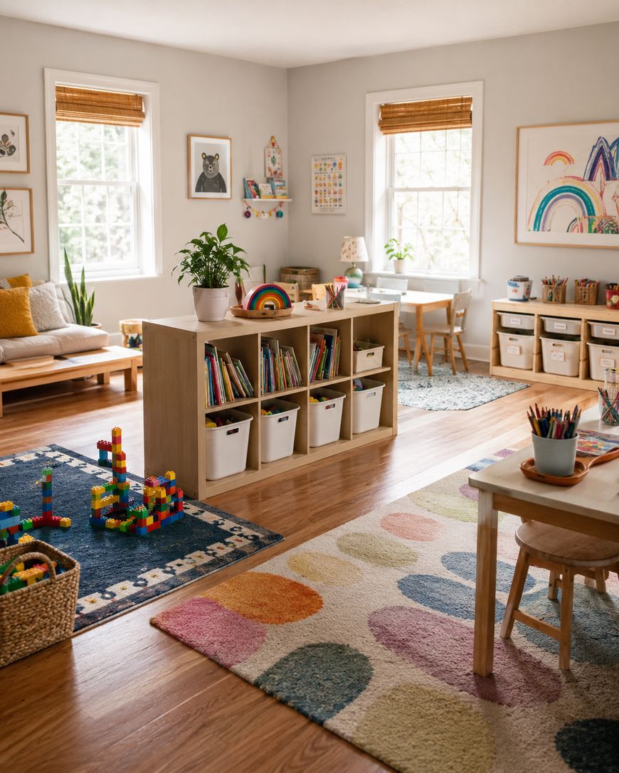 A bright, organized playroom with shelves of toys, colorful rugs, children’s artwork on the walls, a small table with art supplies, wooden furniture, and large windows letting in natural light.