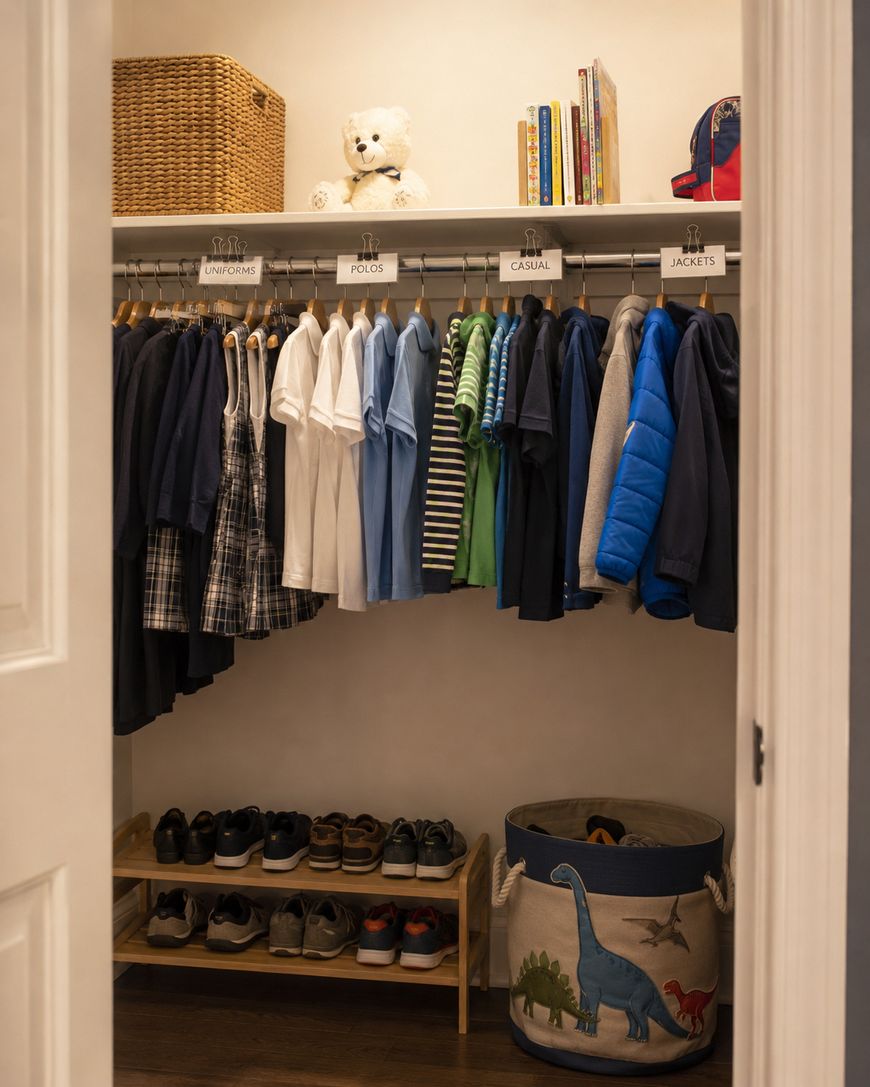 A neatly organized closet with childrens clothing sorted by type, shoes arranged on a wooden rack, a basket with a dinosaur print, and shelves holding books, a teddy bear, a woven basket, and a backpack.