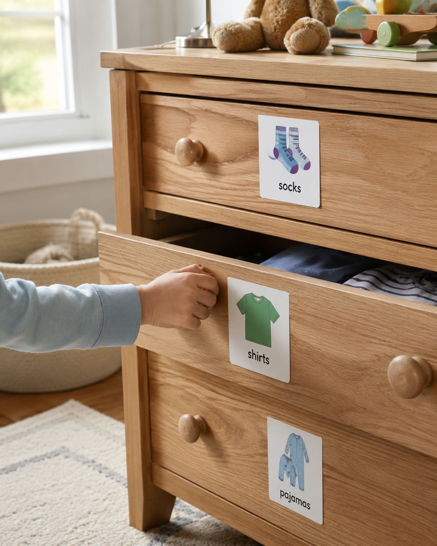 A child’s hand opens a wooden dresser drawer labeled with a picture and the word “shirts”; above is a drawer labeled “socks” and below is a drawer labeled “pajamas.”.