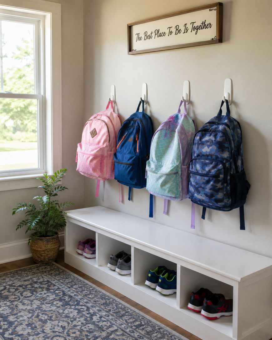 Four backpacks hang on hooks above a white bench with cubbies storing sneakers; a potted plant sits by a window, and a sign above reads, The Best Place To Be Is Together.