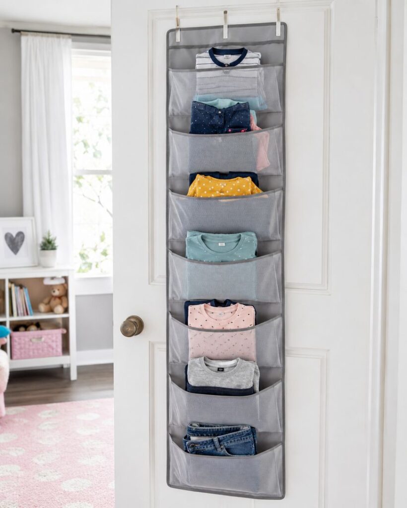 A gray hanging organizer with seven mesh pockets is hung on the back of a white door, each pocket holding neatly folded childrens clothes in various colors and patterns. A childs bedroom is visible in the background.