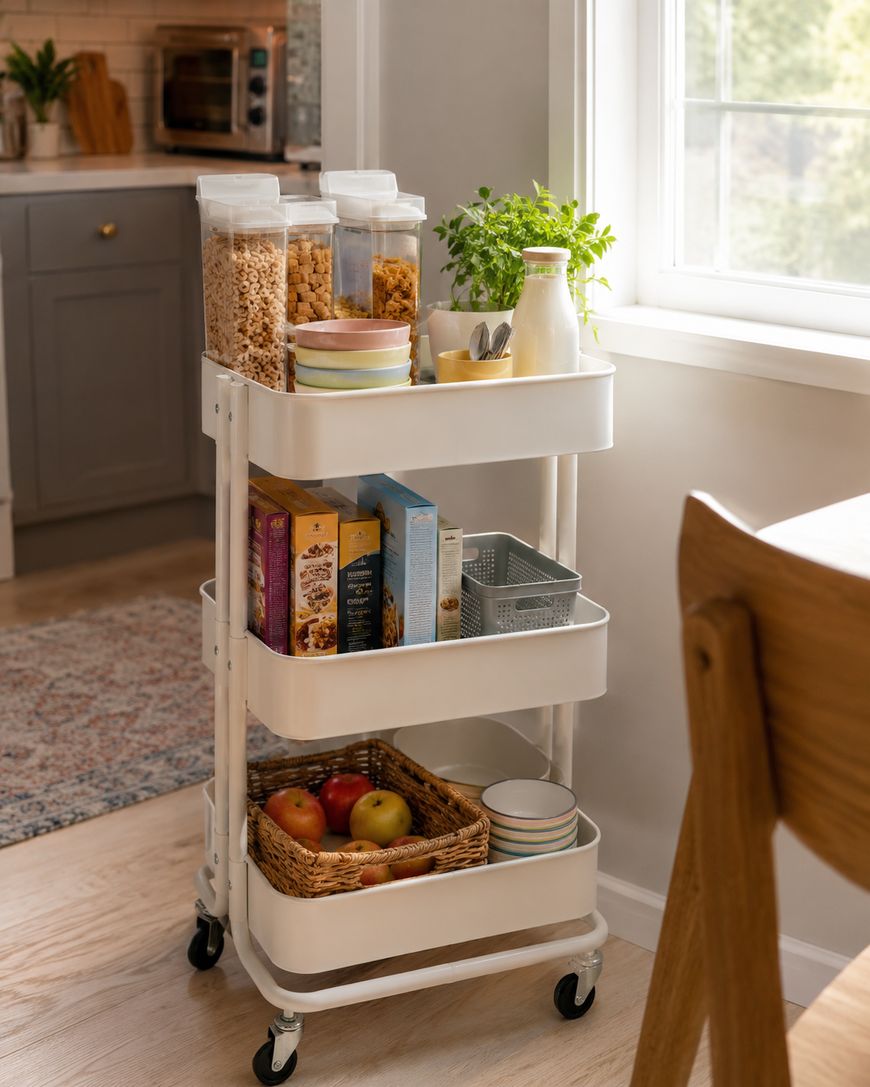A white rolling cart in a kitchen holds cereal containers, a potted plant, bowls, plates, a basket of apples, and other breakfast items near a window and dining table.