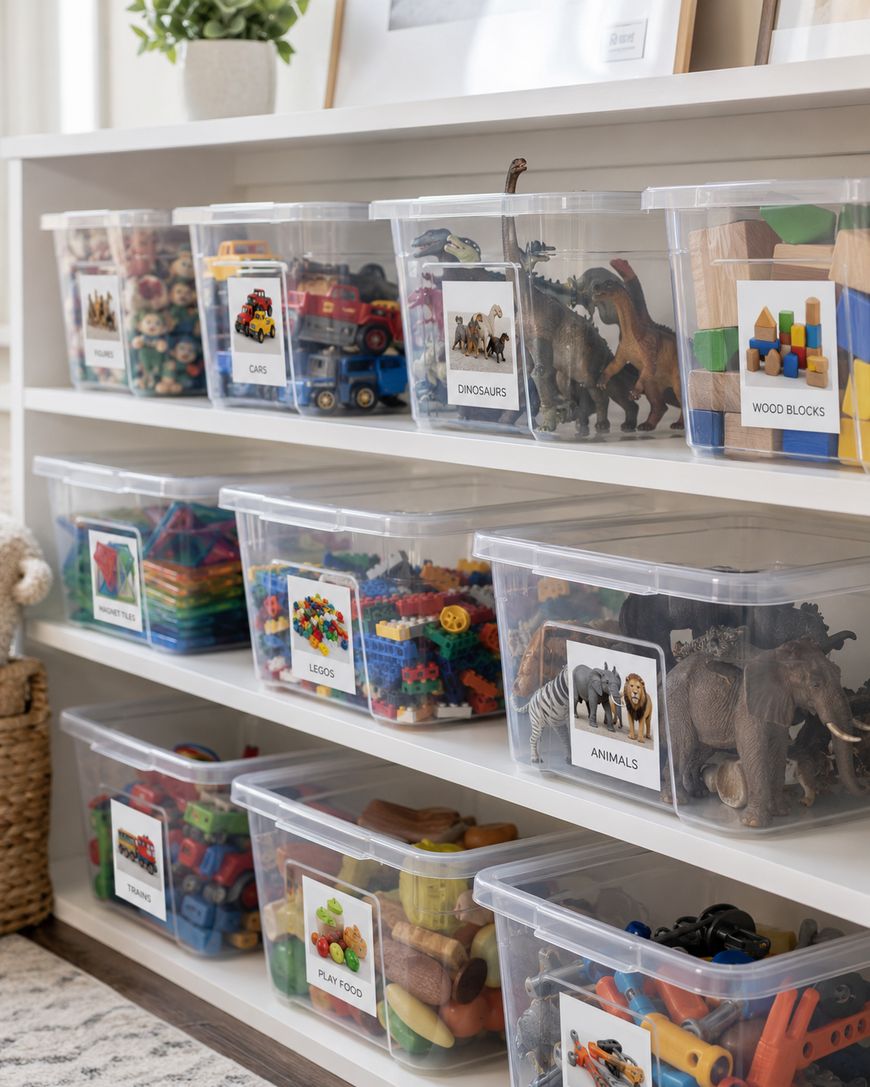 Clear plastic bins labeled with categories like cars, dinosaurs, wood blocks, Legos, animals, and play food are neatly organized on white shelves, each containing matching toys to promote tidy storage.