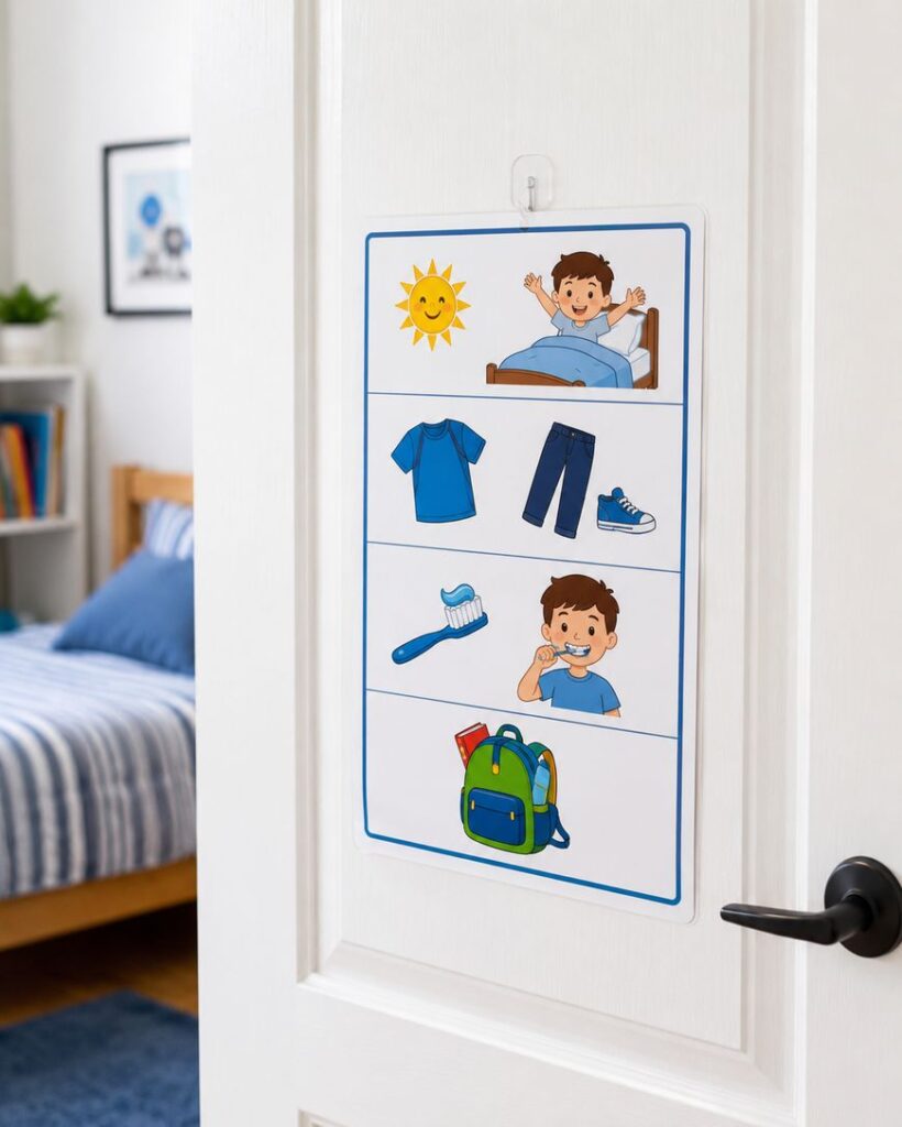 A morning routine chart hangs on a white door, showing images of a sun and child in bed, clothes and shoes, a toothbrush and smiling child, and a backpack. A neatly made bed is visible in the background.