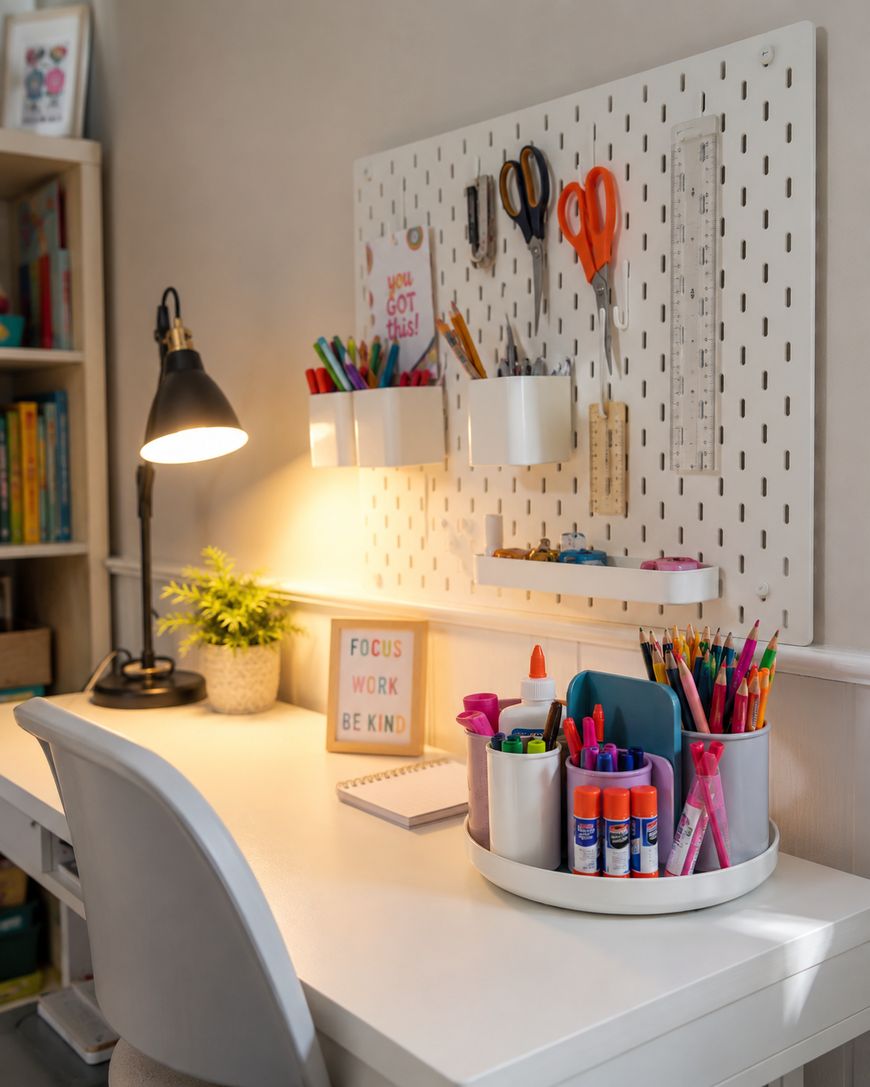 A well-organized desk with art supplies, pens, scissors, and rulers on a pegboard above. A lamp, a small plant, and a sign reading FOCUS WORK BE KIND sit on the desk, with shelves of books in the background.