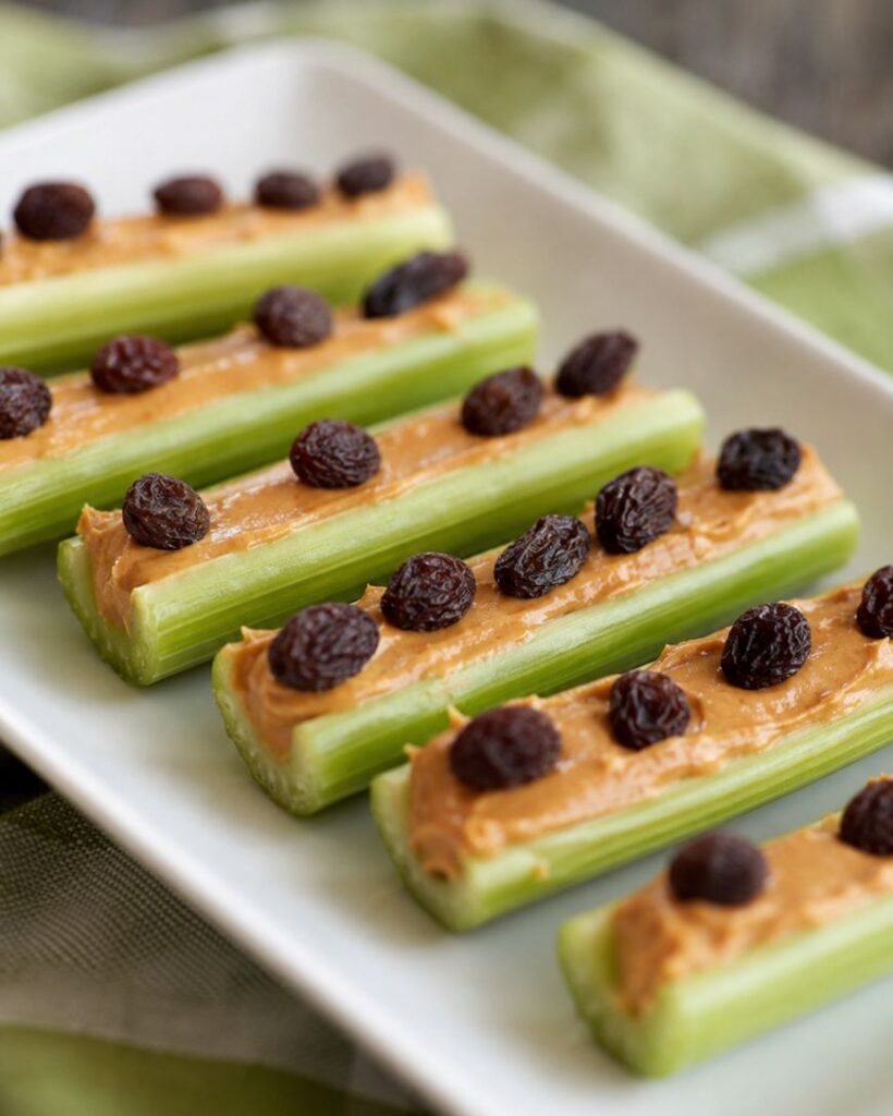 Celery sticks filled with peanut butter and topped with raisins, arranged neatly in rows on a white plate. The plate is set on a green and white cloth.