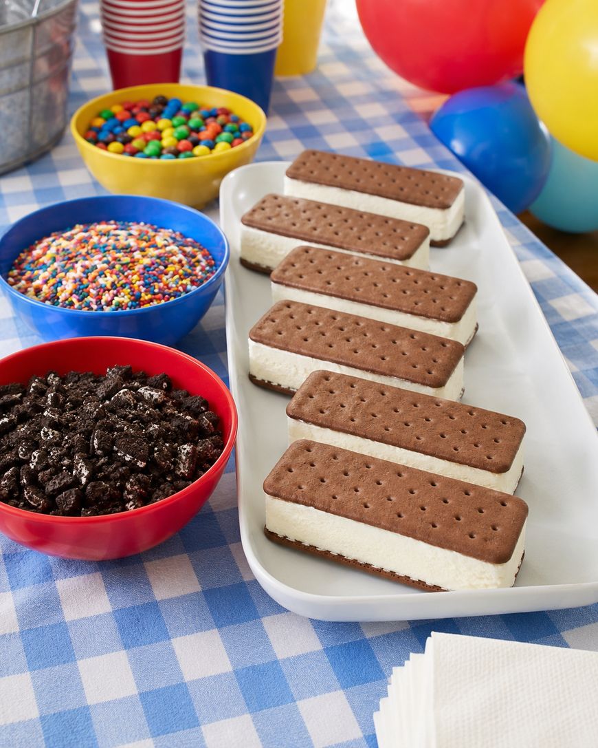 A tray of five ice cream sandwiches sits on a checkered blue tablecloth, surrounded by bowls of crushed cookies, colorful sprinkles, candy, and plastic cups, with balloons in the background.