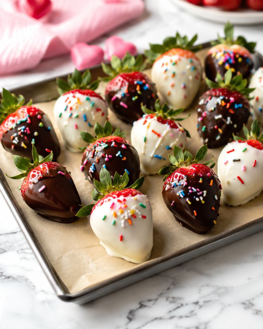 Chocolate-covered strawberries with colorful sprinkles are arranged on a parchment-lined baking sheet. Some are dipped in dark chocolate, others in white chocolate, and all have green leafy tops.