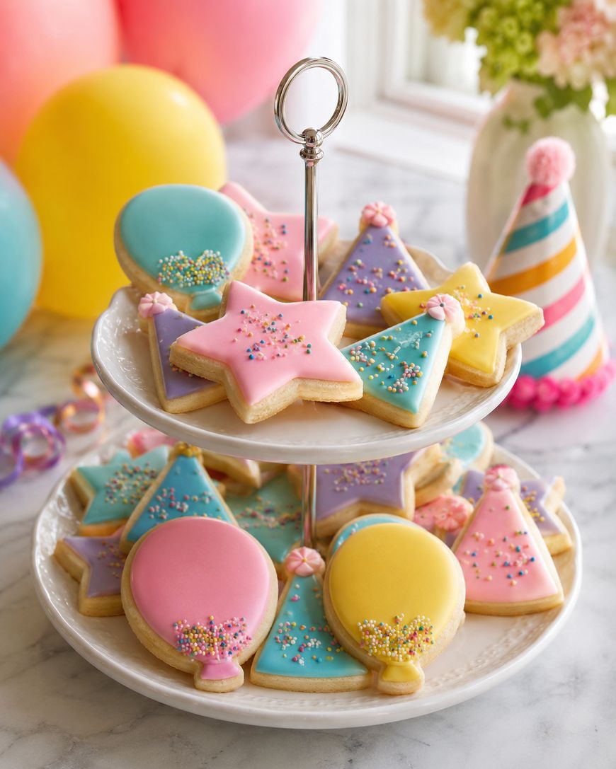 A two-tiered tray holds pastel iced sugar cookies shaped like stars, balloons, and party hats, decorated with colorful sprinkles. Balloons, a party hat, and flowers decorate the festive background.