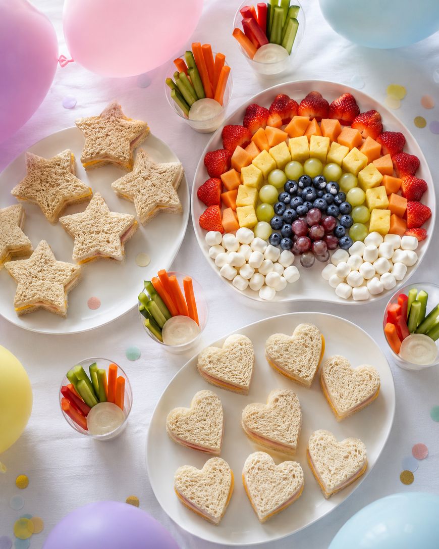 Three plates with star-shaped and heart-shaped sandwiches, a rainbow fruit platter with marshmallows, and cups of veggie sticks and dip, surrounded by pastel balloons and confetti on a white tablecloth.