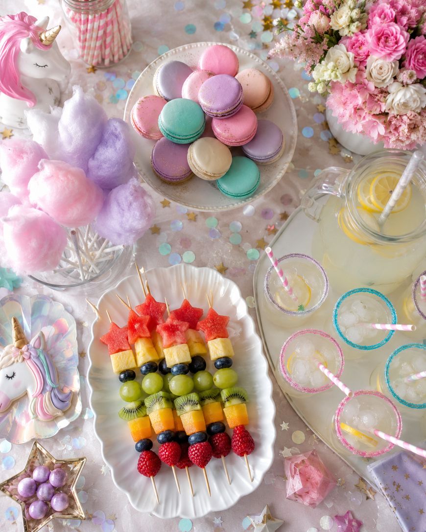 A pastel-themed party table with colorful macarons, fruit skewers, cotton candy, lemonade in glasses with striped straws, confetti, unicorn decorations, and a bouquet of pink and white flowers.