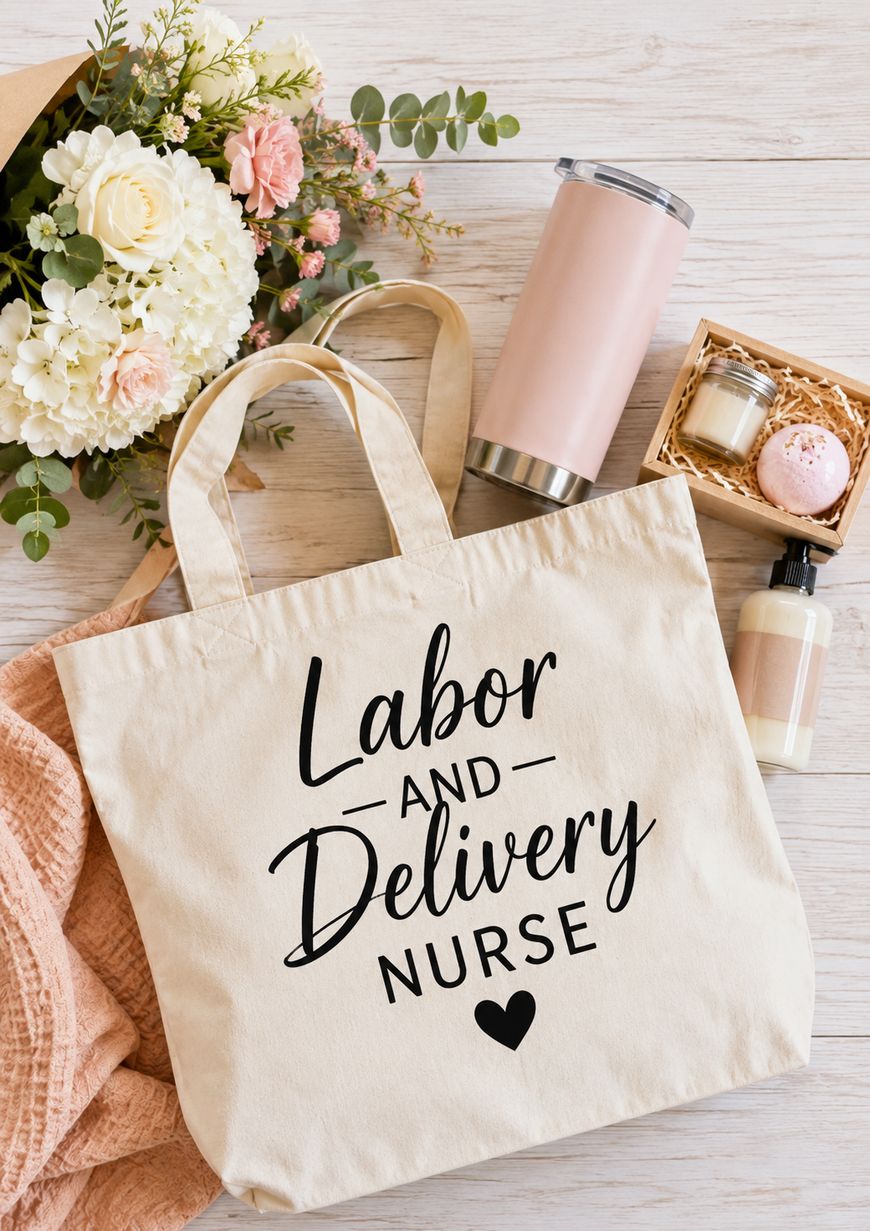 A beige tote bag with “Labor and Delivery Nurse” written on it sits on a wooden surface, surrounded by flowers, a stainless steel tumbler, a candle, a bath bomb, a lotion bottle, and a pink textured blanket.