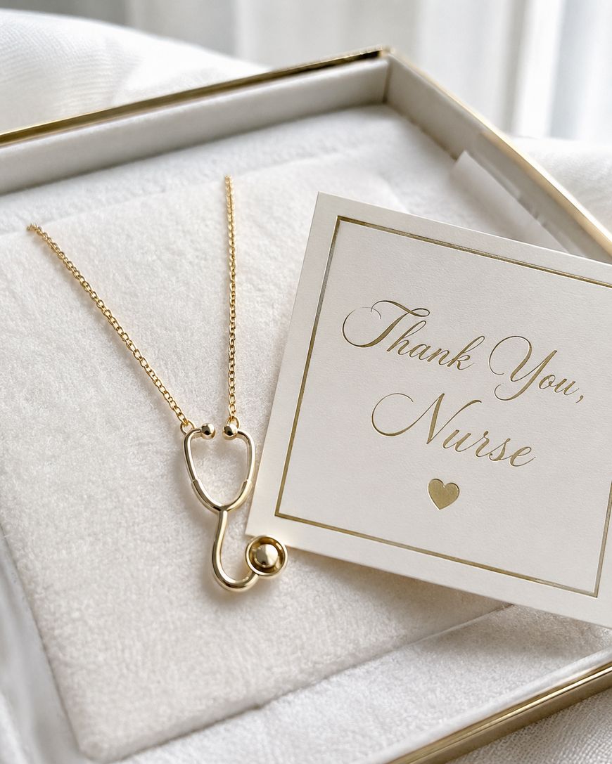 A gold stethoscope-shaped necklace rests in a white jewelry box beside a card that reads Thank You, Nurse in elegant gold script, with a small heart underneath the message.