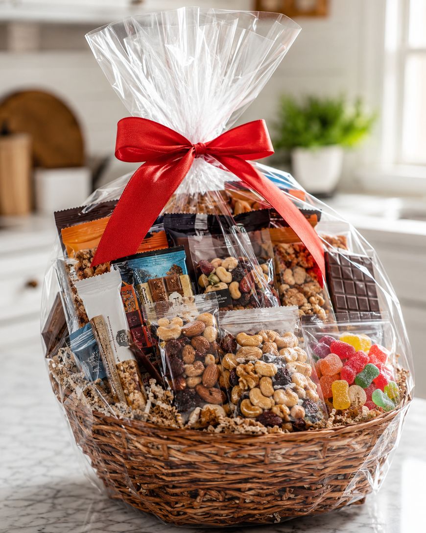 A wicker gift basket wrapped in cellophane with a red bow, filled with assorted snacks including nuts, granola bars, chocolate, and colorful gummy candies, sits on a marble countertop in a bright kitchen.