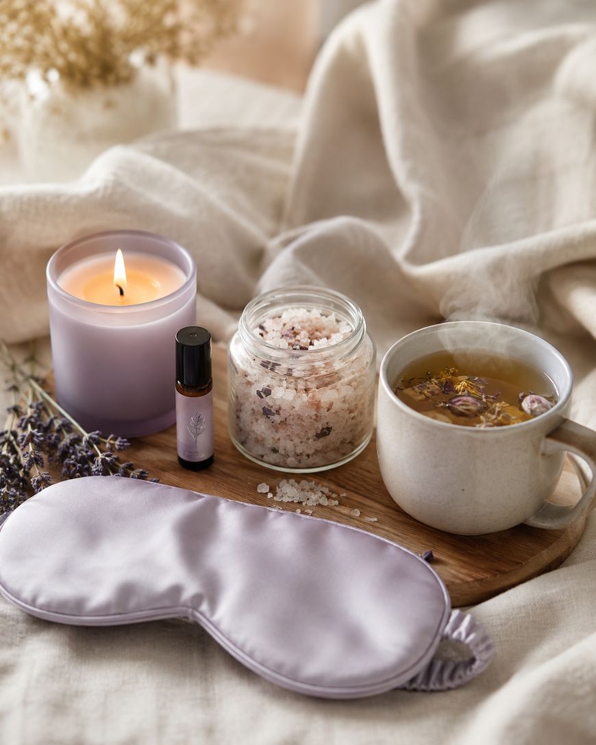 A lavender sleep mask, a lit lavender candle, a small essential oil bottle, a jar of bath salts, and a mug of herbal tea are arranged on a wooden tray over a soft beige fabric.