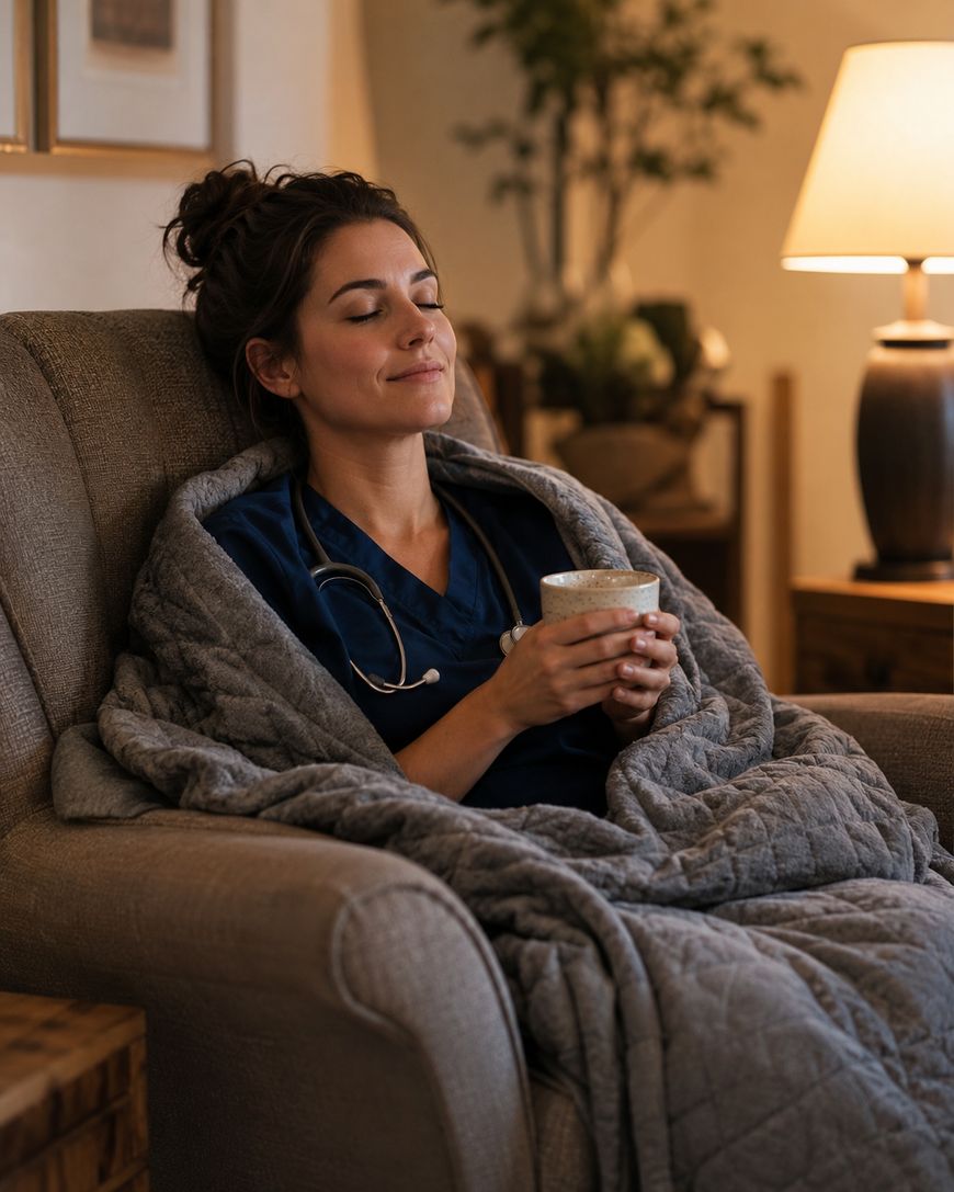 A woman in scrubs and a stethoscope relaxes in an armchair, wrapped in a blanket, with her eyes closed and holding a mug, enjoying a peaceful moment at home. A lamp and plants are in the background.