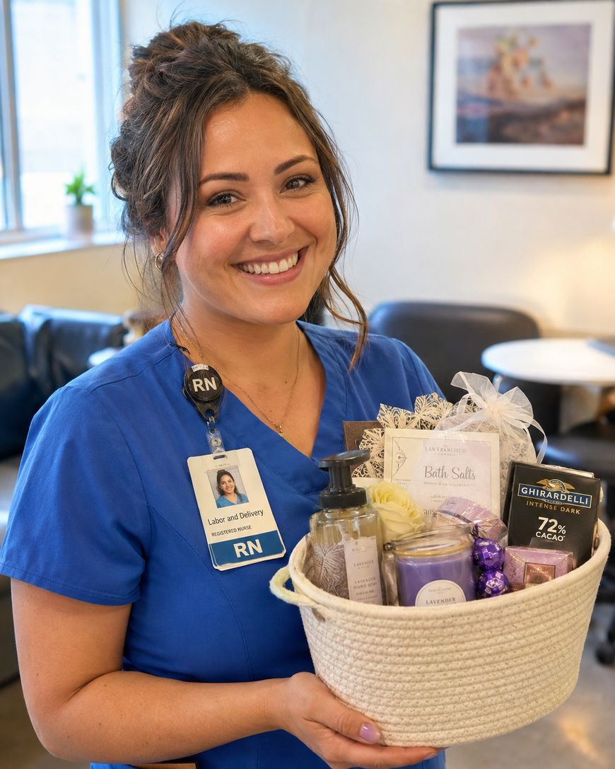A smiling nurse in blue scrubs holds a gift basket filled with items like bath salts, chocolate, lotion, and a candle. She has an RN badge and stands in a bright, comfortable room.