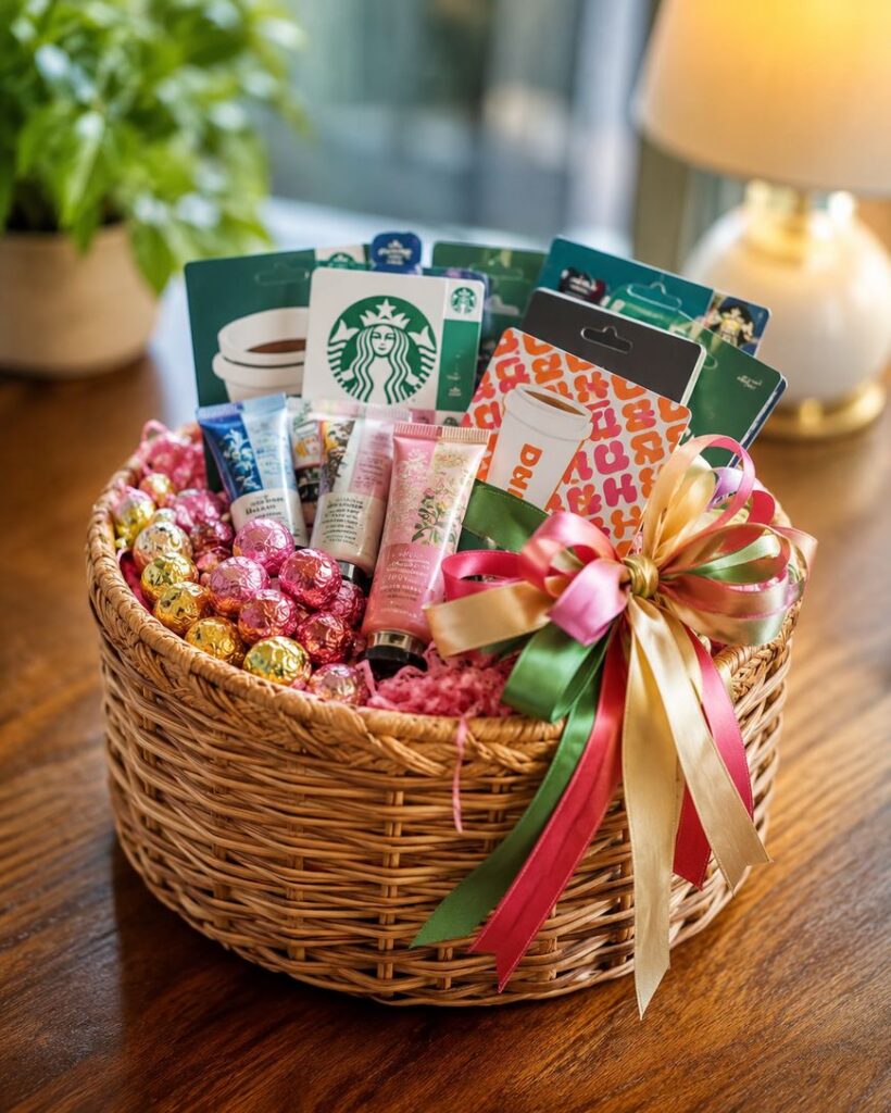 A wicker gift basket filled with assorted chocolates, hand creams, and several gift cards, decorated with a large pink, green, and gold ribbon, sits on a wooden table beside a lamp and a potted plant.