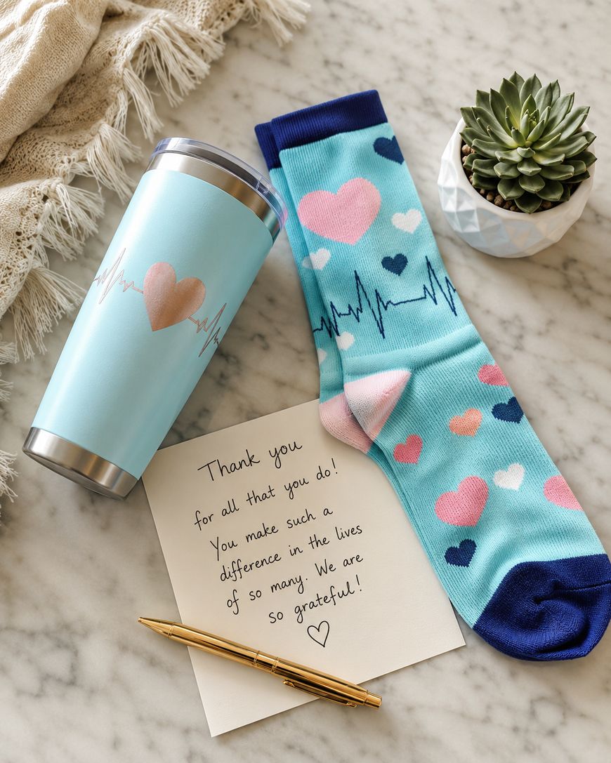 A tumbler with a heart and heartbeat design, matching socks with colorful hearts, a gold pen, and a thank-you note sit on a marble surface next to a small potted succulent and a textured beige cloth.