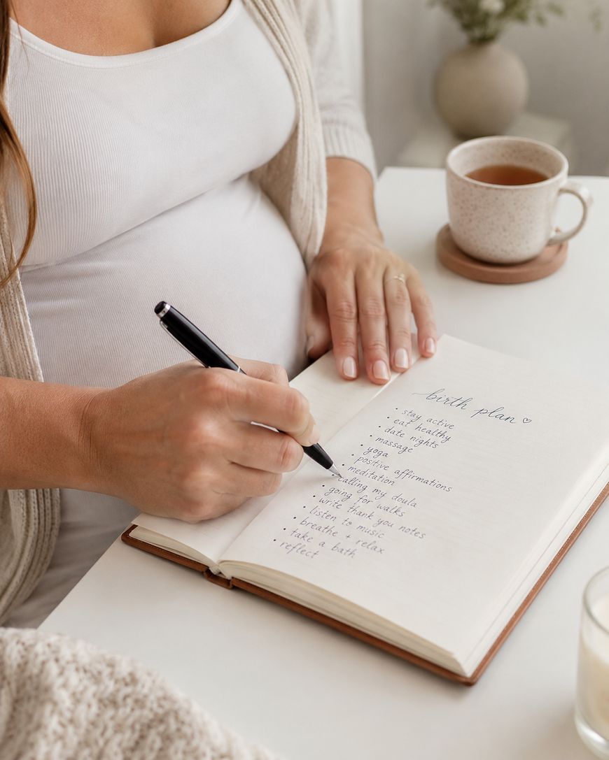 A pregnant woman sits at a table, writing a birth plan in a notebook. A cup of tea and some cozy textures are nearby, creating a calm and thoughtful atmosphere.