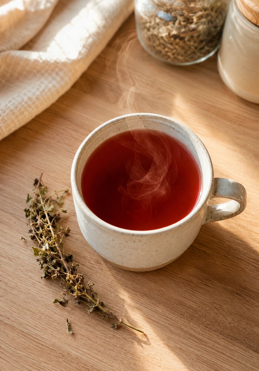 A steaming cup of herbal tea sits on a wooden table beside dried herbs, with jars and a textured cloth in the background, all bathed in warm, natural sunlight.