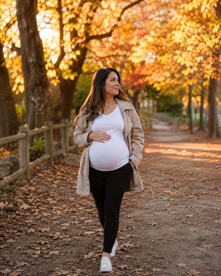 A pregnant woman in a light coat and white top walks along a leaf-covered path in a park with vibrant autumn foliage, smiling and holding her belly.