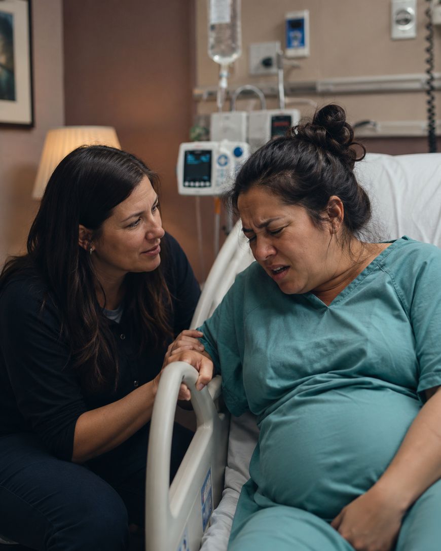 A pregnant woman in a hospital bed appears to be in labor, holding the side rail with a pained expression. Another woman sits beside her, offering comfort and support by holding her arm. Medical equipment is visible in the background.