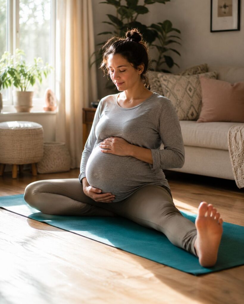 A pregnant woman sits on a yoga mat in a bright living room, stretching her legs and gently holding her belly, appearing calm and peaceful. Sunlight streams through the window, illuminating the cozy space.