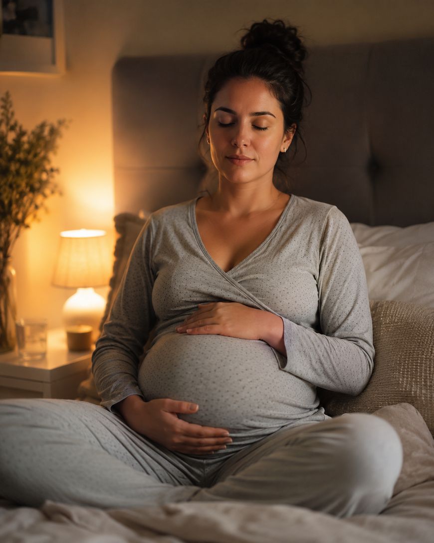 A pregnant woman in pajamas sits cross-legged on a bed, gently resting her hands on her belly with her eyes closed, in a softly lit, cozy bedroom.