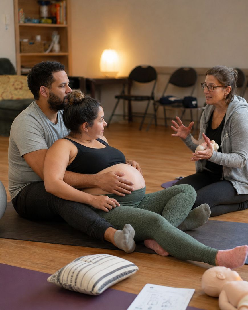 A pregnant woman sits between her partner’s legs on a yoga mat, holding her belly, while a woman in glasses gestures and speaks to them in a cozy room set up for a prenatal class.