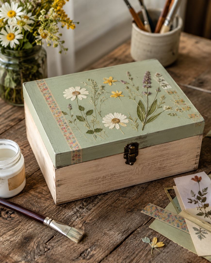 A wooden box with a green lid decorated with pressed flowers and leaves sits on a rustic wooden table, surrounded by art supplies, a paintbrush, floral paper scraps, and a jar of wildflowers.