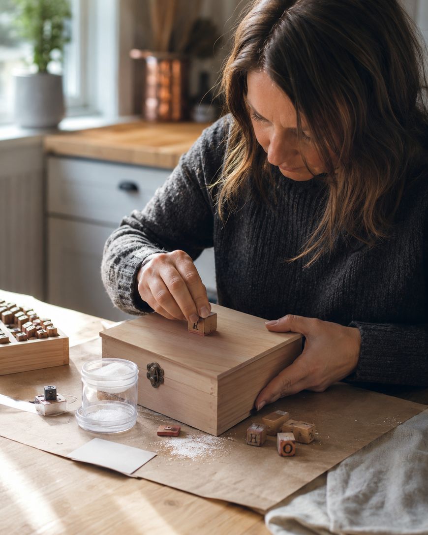 A woman in a gray sweater stamps letters onto a wooden box at a sunlit table, surrounded by wooden letter stamps, a glass jar, and craft supplies.