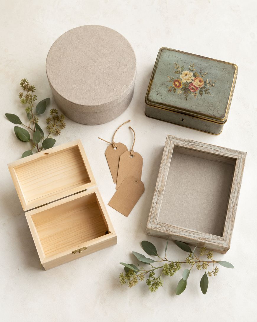 A round beige box, a floral tin box, a rectangular wooden box open to show its interior, a linen-framed box, three blank tags with strings, and leafy sprigs arranged on a light surface.