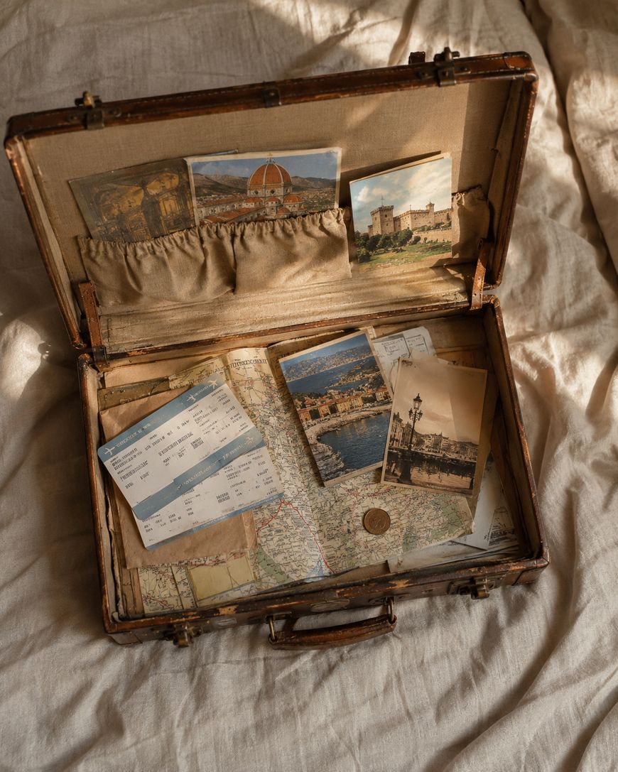 An open vintage suitcase on a bed, filled with old postcards, maps, letters, a ticket, a coin, and travel mementos, evoking a sense of nostalgia and adventure.