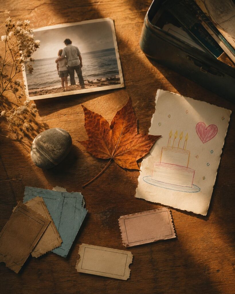 A nostalgic scene with an old photo of two people by the water, a dried leaf, a smooth stone, a child’s drawing of a cake with three candles and a heart, vintage paper tickets, and a metal box on a wooden surface.