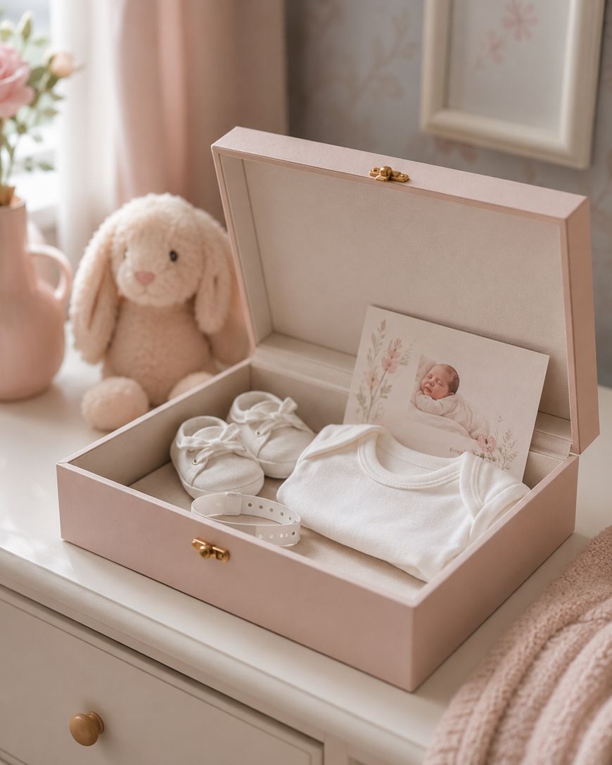 A pink memory box on a dresser contains a baby photo, white baby shoes, a white onesie, and a bracelet. In the background are a plush bunny toy, a pink vase with flowers, and a knitted blanket.