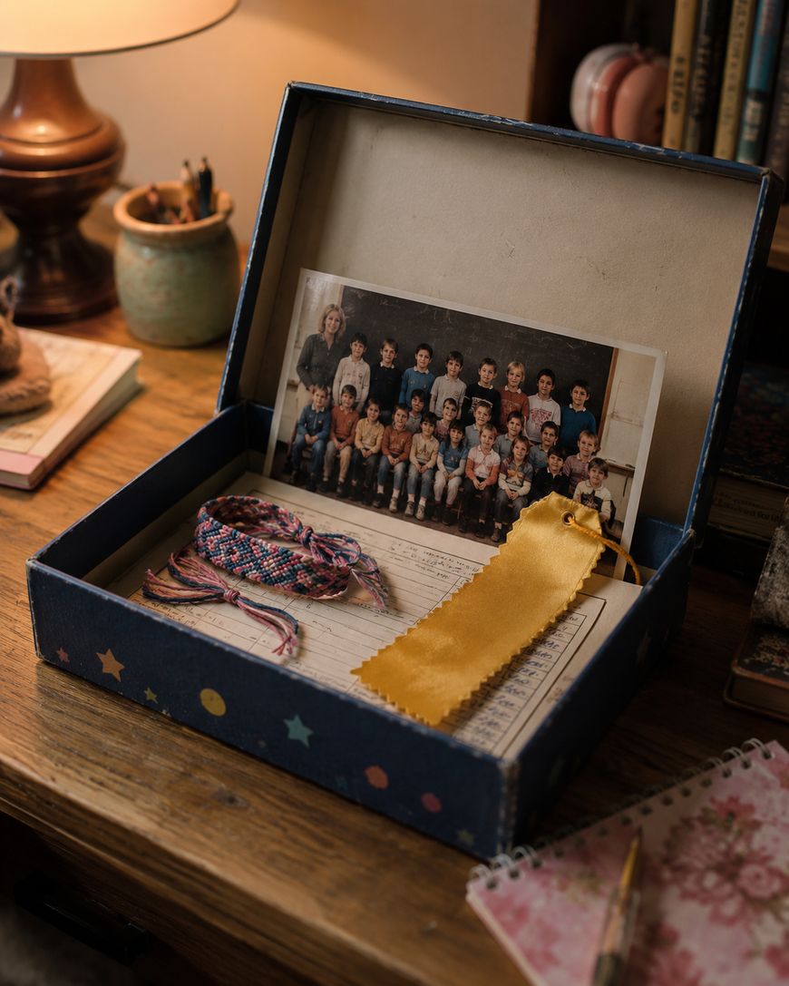 An open box on a wooden desk holds a class photo, a yellow ribbon, and colorful braided bracelets. Books, a lamp, and a notebook decorate the cozy background.