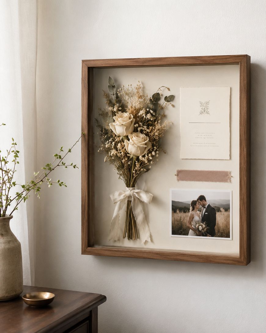 A wooden shadow box frame hangs on a white wall, displaying dried flowers tied with a ribbon, a wedding invitation, a fabric swatch, and a photo of a couple on their wedding day. A vase with greenery sits nearby.