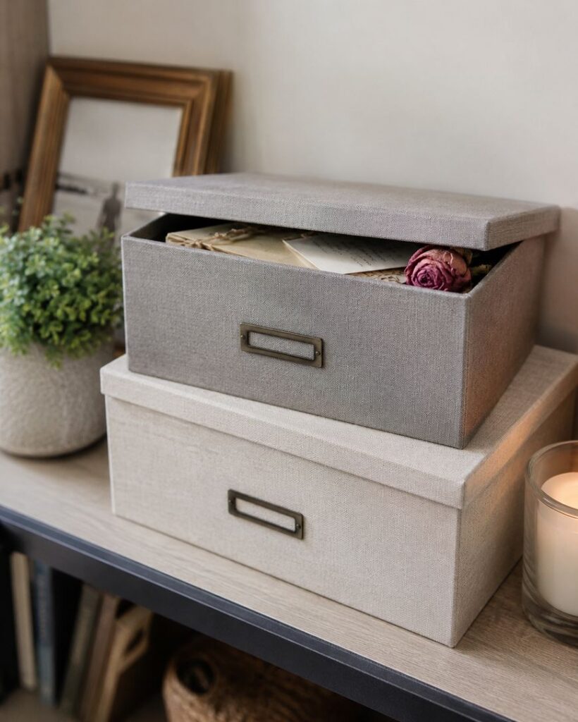 Two fabric storage boxes, one gray and one beige, are stacked on a shelf. The top box is partially open with letters and a dried rose inside. Nearby are a potted plant, a framed photo, and a lit candle.