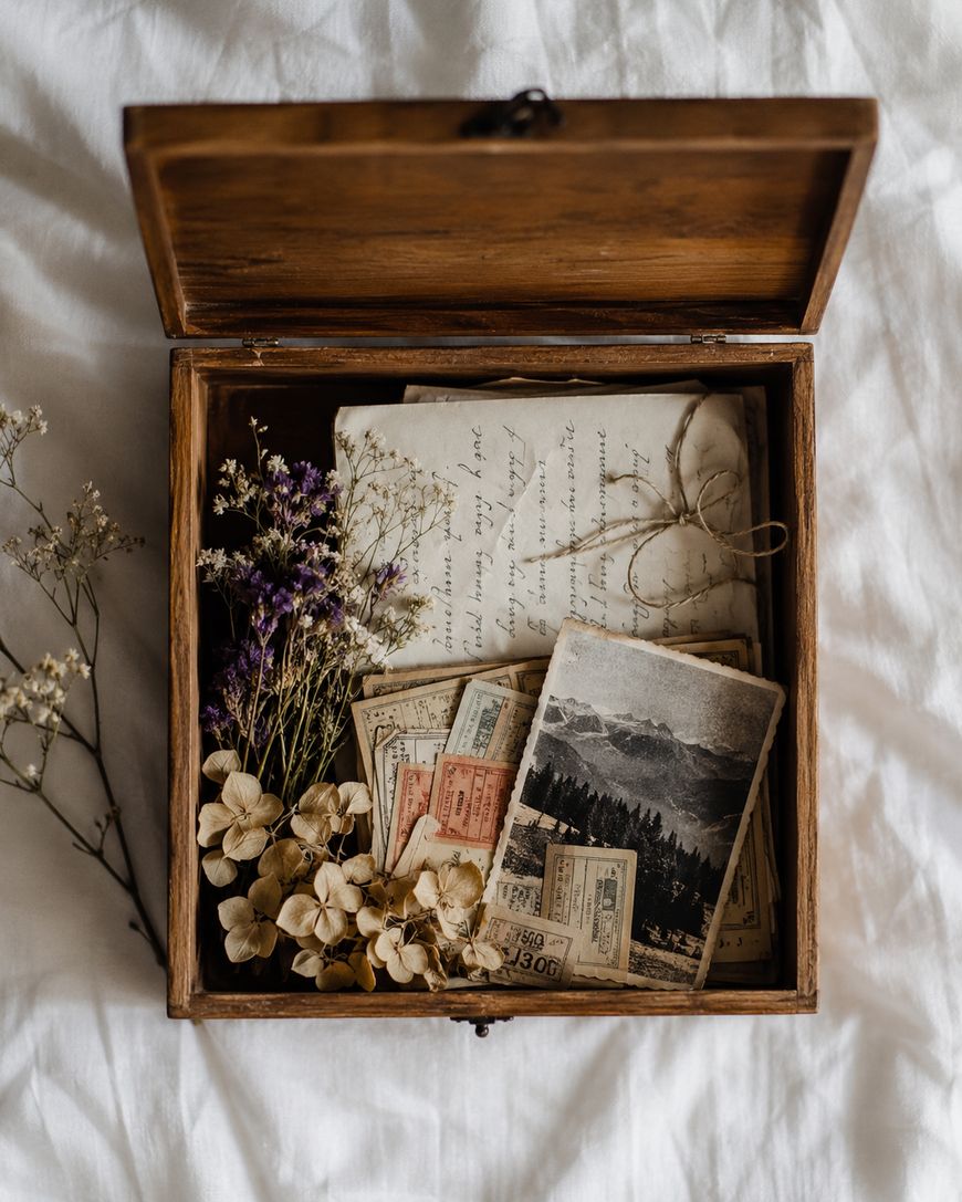 An open wooden box rests on white fabric, containing dried flowers, vintage postcards, old letters tied with twine, and faded tickets, evoking a nostalgic and sentimental atmosphere.