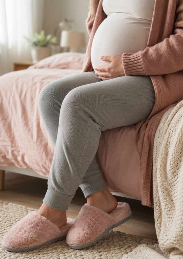 A pregnant woman sits on a bed, gently holding her belly. She is wearing gray leggings, a pink cardigan, and pink slippers. The cozy scene with pastel bedding and warm lighting inspires the best gift ideas for expecting mothers.