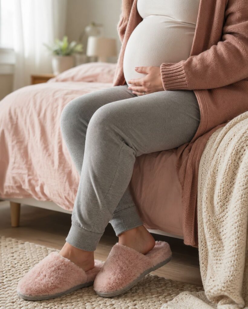 A pregnant person wearing a pink cardigan, gray pants, and pink slippers sits on a bed, gently cradling their belly with both hands in a cozy bedroom setting.