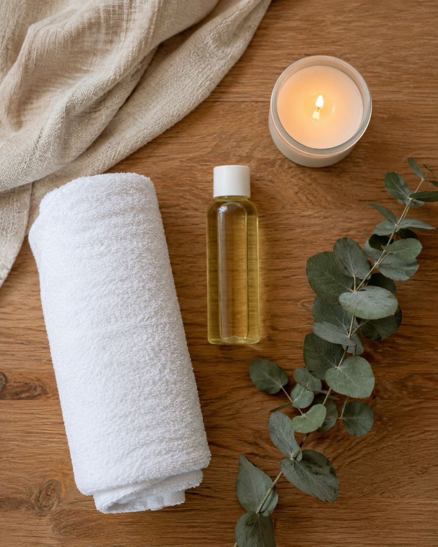 A rolled white towel, a small bottle of oil, a lit candle, and eucalyptus branches are arranged on a wooden surface with a beige cloth in the background.