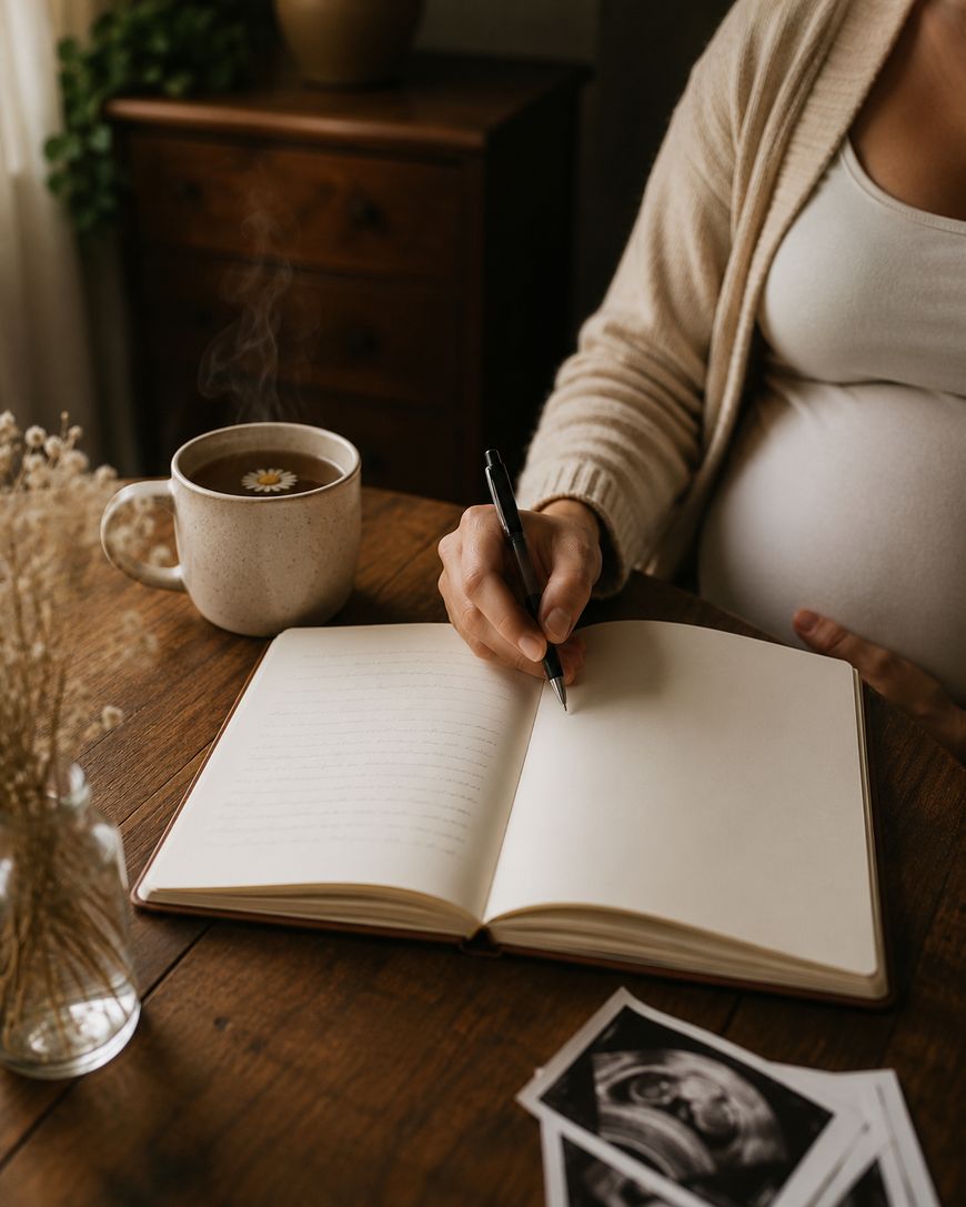 A pregnant person sits at a wooden table, writing in a notebook. Nearby are a cup of tea with a flower, a small vase of dried flowers, and ultrasound photos. Warm, natural light fills the room.