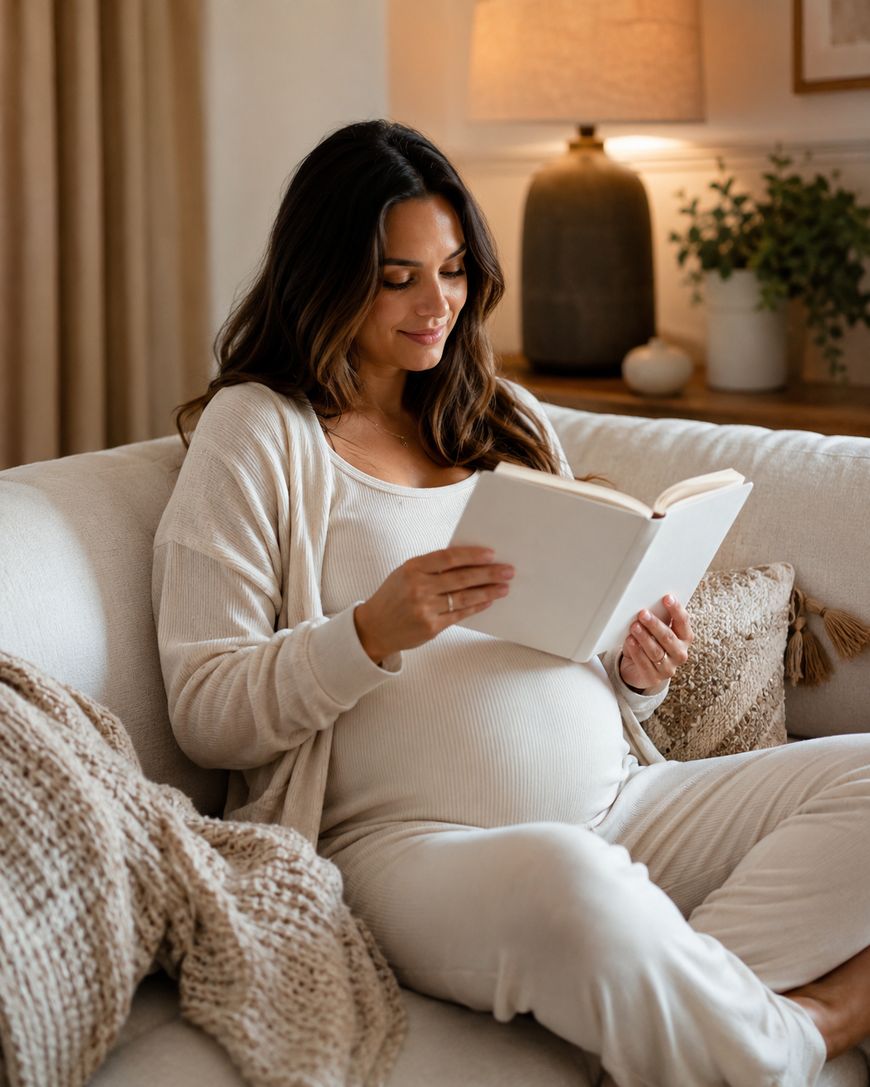 A pregnant woman wearing cozy, light-colored clothes sits on a sofa, smiling while reading a book. The room is warmly lit, with a lamp, potted plant, and textured blankets adding to the comfortable atmosphere.