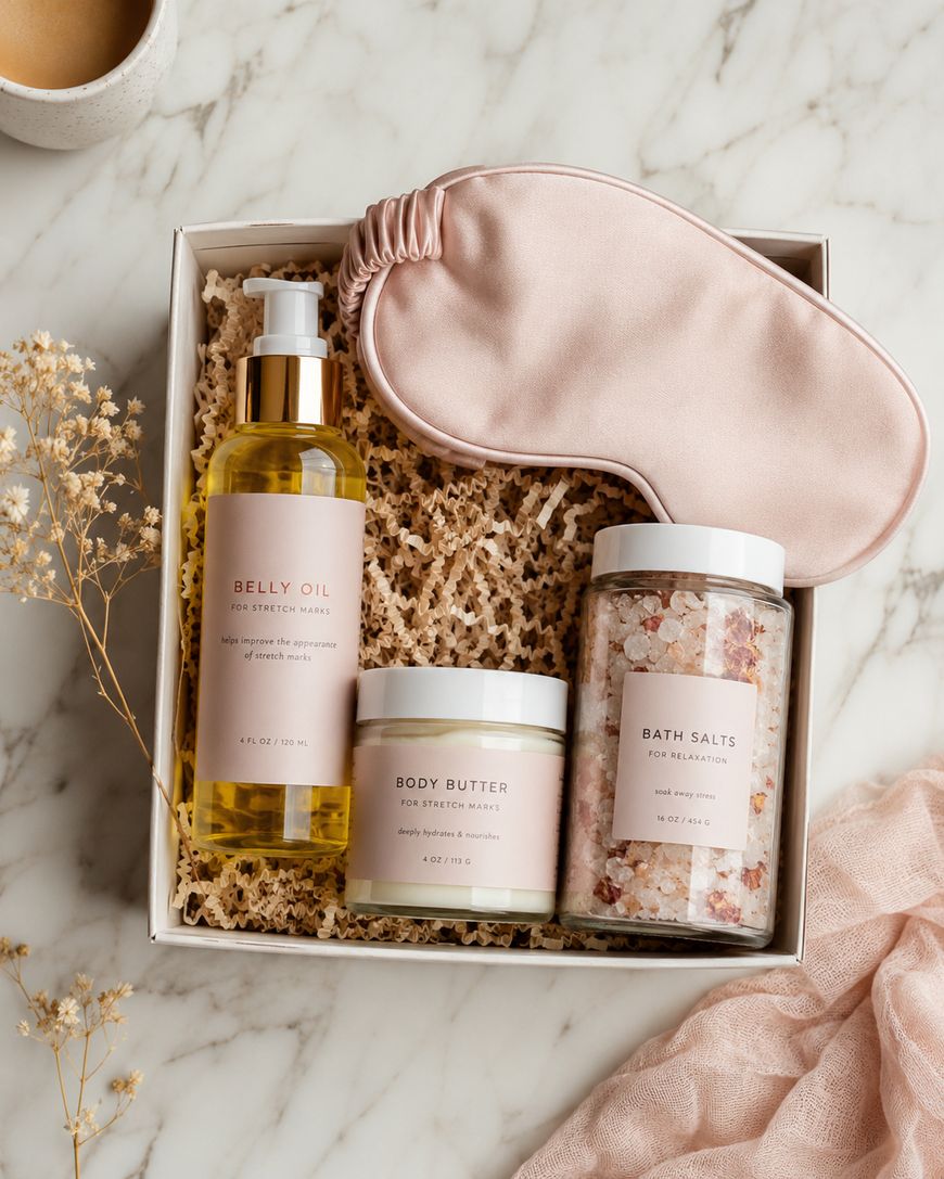 A gift box on a marble surface contains a pink silk sleep mask, a bottle of belly oil, a jar of body butter, a jar of bath salts, and decorative dried flowers. A cup of coffee sits nearby.