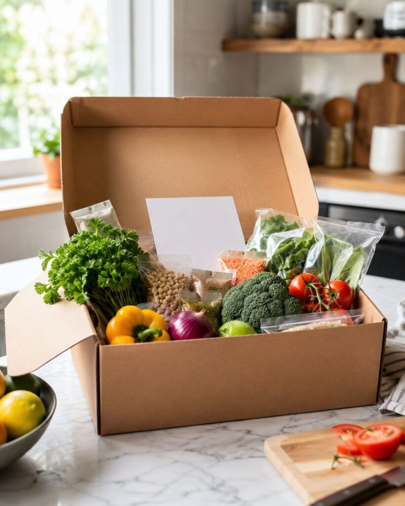 An open cardboard box filled with fresh vegetables, herbs, and packaged grains sits on a kitchen counter. Visible items include broccoli, tomatoes, bell pepper, parsley, onion, spinach, and various packaged ingredients.