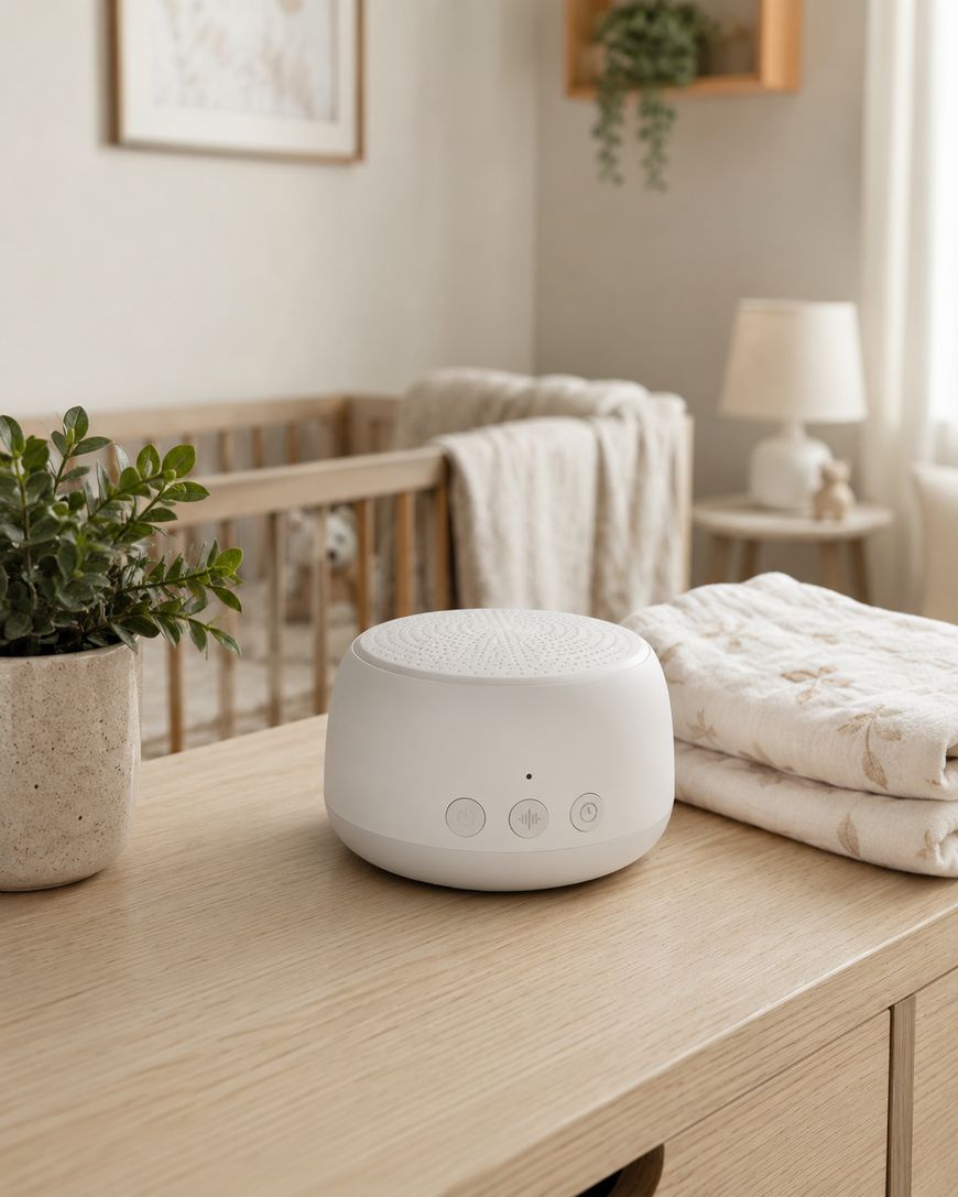 A white sound machine sits on a wooden dresser next to a folded blanket and a potted plant in a softly lit nursery with a crib and neutral decor in the background.